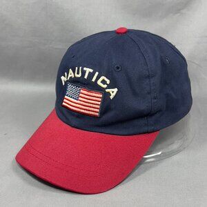 Vtg Nautica Strapback Hat Cap Navy Baseball American Flag Logo USA Dad Mens 90s